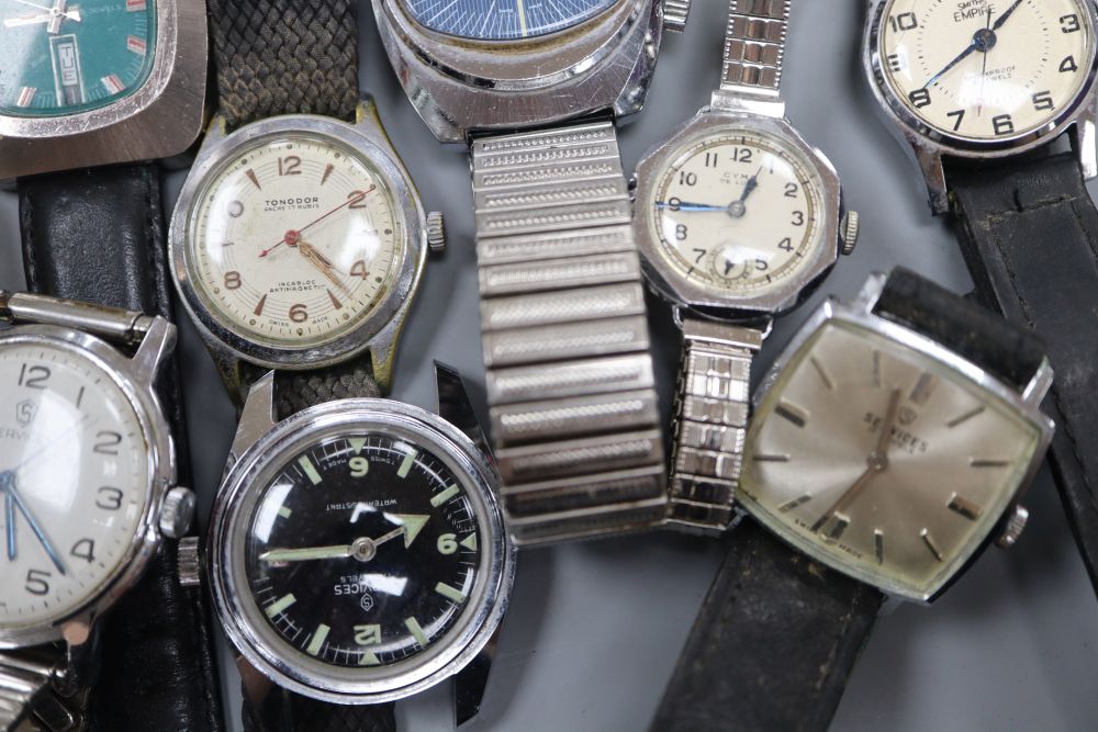 Ten assorted gentlemans wrist watches including Memostar Alarm, Cyma and Corvette.